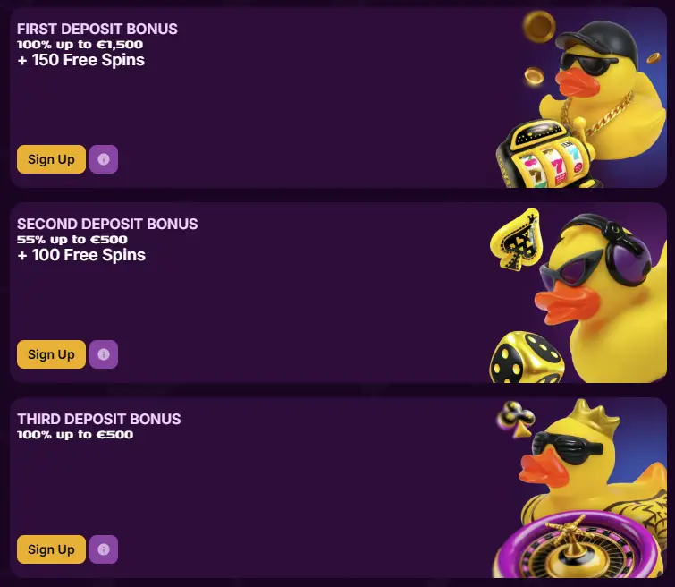 Geen stortingsbonussen voor registratie bij Duckysino Casino
